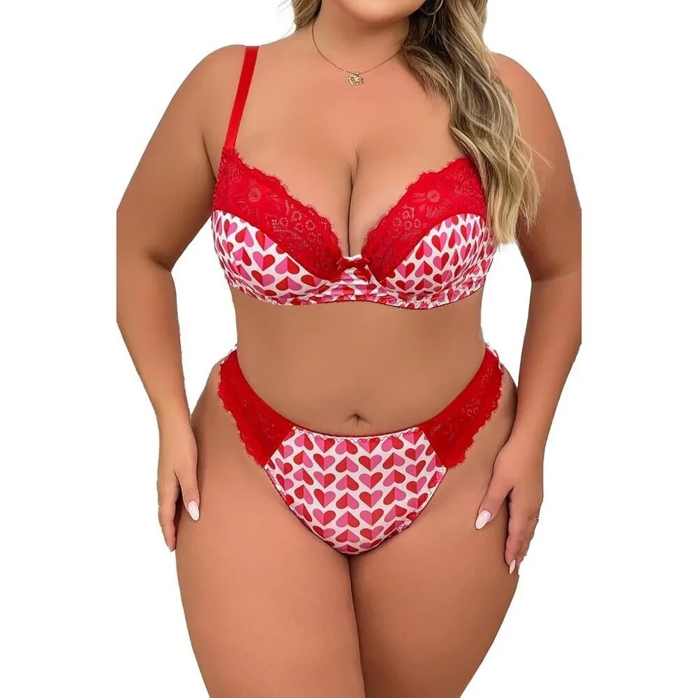 WOMEN'S Red Heart Sexy Lace Push Up Bra & Babydoll Nightwear Lingerie Set